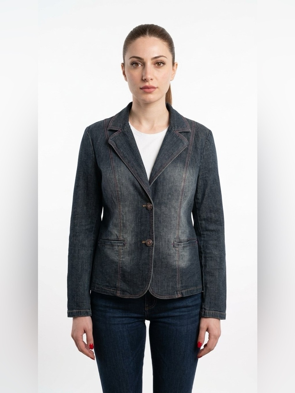 POINT ZERO DENIM BLAZER JACKET WITH JEWEL BUTTONS WOMAN Large - Picture 2 of 9
